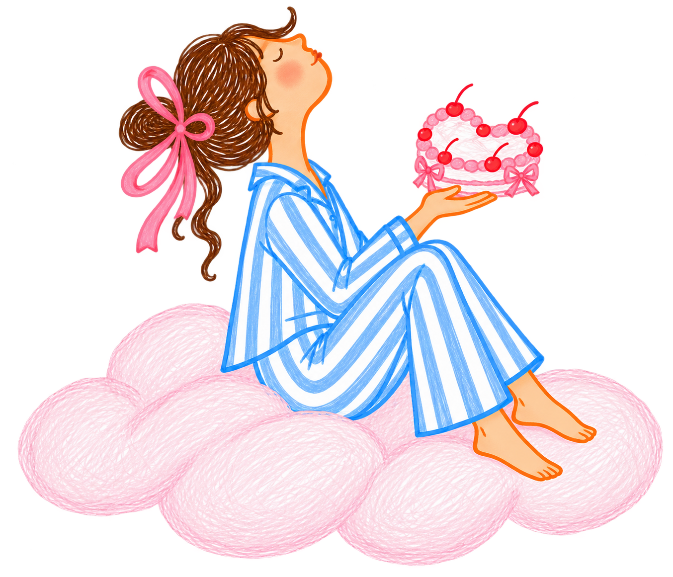Illustration of a girl in blue striped pyjamas sitting on a pink cloud and holding a cherry cake